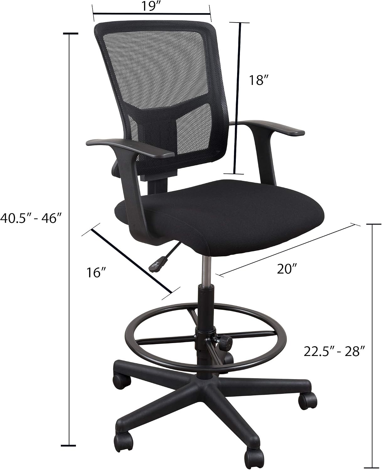 Stand Up Desk Store Sit to Stand Drafting Task Stool Chair for Standing Desks with Adjustable Footrest and Armrests (Black)