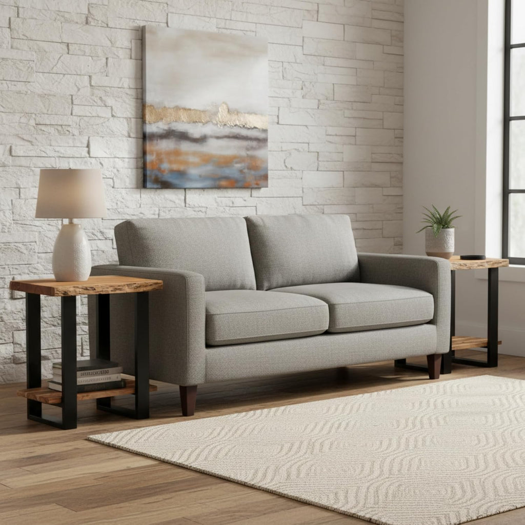 Alaterre Furniture Alpine Live Edge Modern End Table Set of 2-2-Tier Narrow Side Table Set with Open Storage Shelf - Solid Wood and Metal Modern Nightstands for Living Room or Bedroom (Natural)