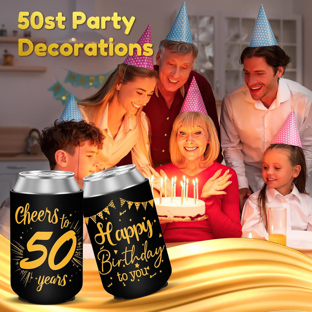 50th Birthday Can Cooler Sleeves for Soda, Beer, Beverages, 12 Pack Neoprene Can Sleeves, 50th Birthday Party Decorations and Party Favors for Women, Men, Black & Gold, 4 Design