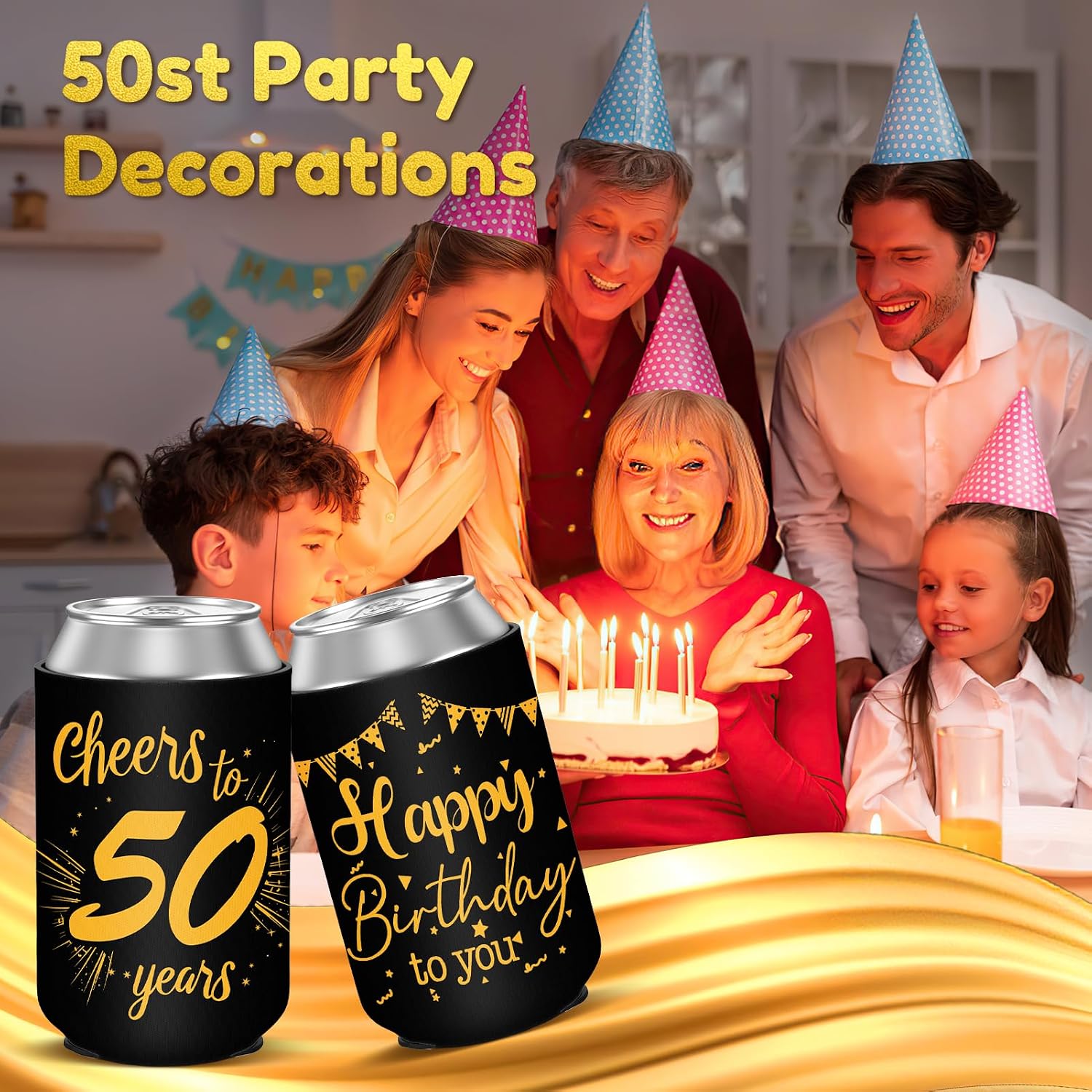 50th Birthday Can Cooler Sleeves for Soda, Beer, Beverages, 12 Pack Neoprene Can Sleeves, 50th Birthday Party Decorations and Party Favors for Women, Men, Black & Gold, 4 Design