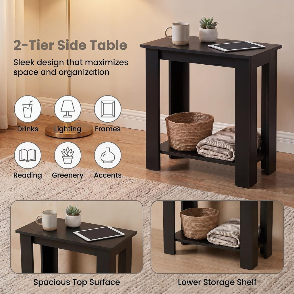 Tangkula 2-Tier Wooden Narrow End Table, Open Storage Side Nightstand, Retro Space Saving Sofa Accent Table for Living Room Bedroom, Easy Assembly (Black,2)