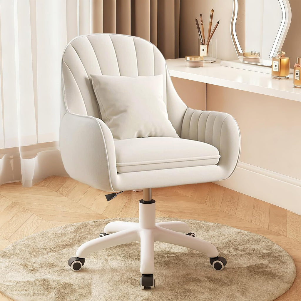 JPBSTO Upholstered Desk Chair with Pillow Swivel Rolling Accent Chair for Women Girls, Adjustable Height Vanity Chair with Wheels for Living Room, Home Office, Cream
