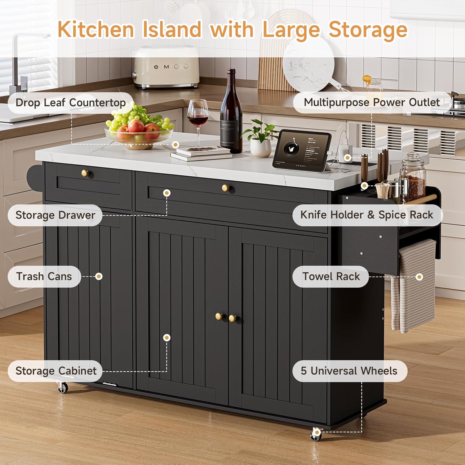 ONBRILL 60" Kitchen Island with Power Outlet & Drop Leaf, Rolling Island with Spice Rack & Towel Rack, Kitchen Island Cart with Trash Storage Cabinet, Island Table for Kitchen, Black+Imitation Marble