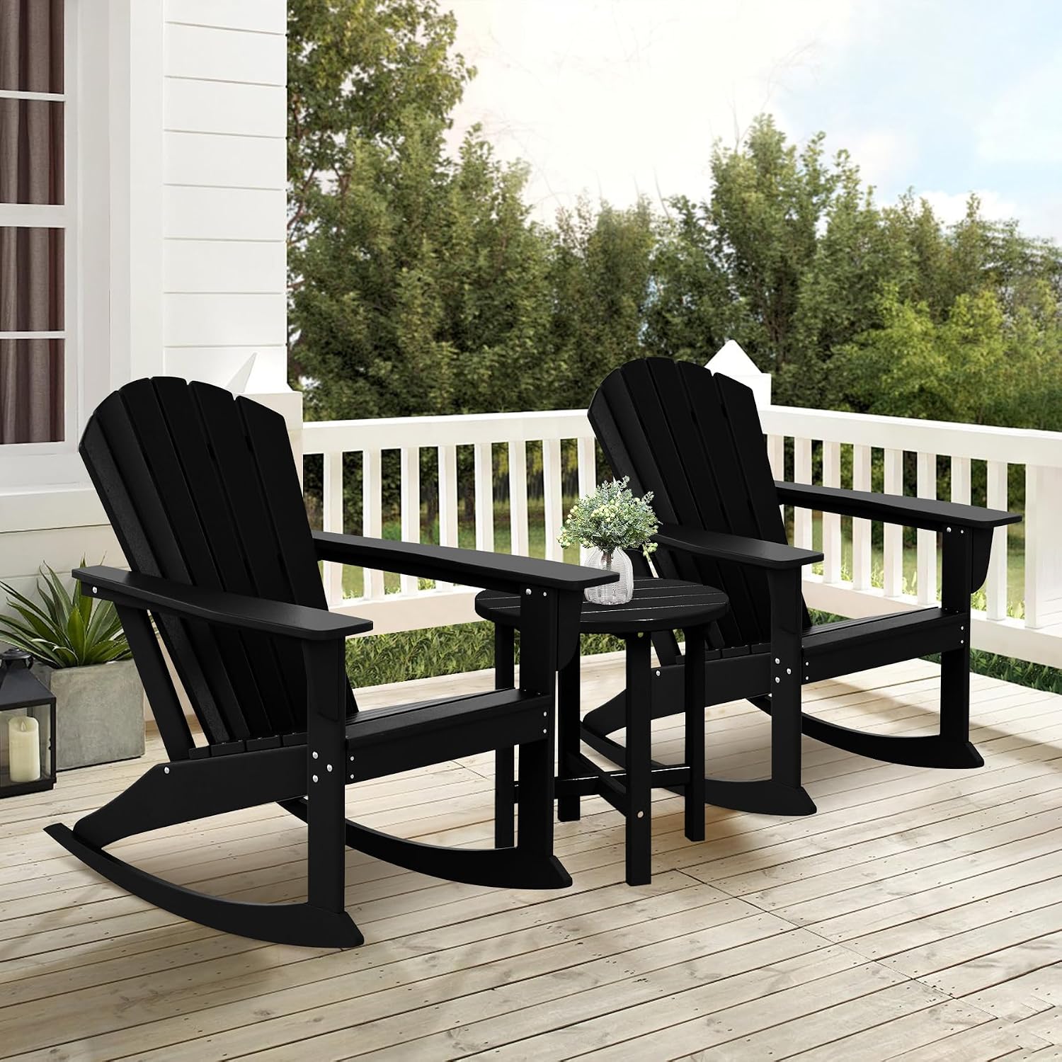 Costaelm Outdoor Adirondack Chair, All Weather Resistant Lawn Chairs Balcony Chair and Fire Pit Chairs, Deck Chairs Outdoor Porch Rocking Chair High Back HDPE Poly Lumber, Black