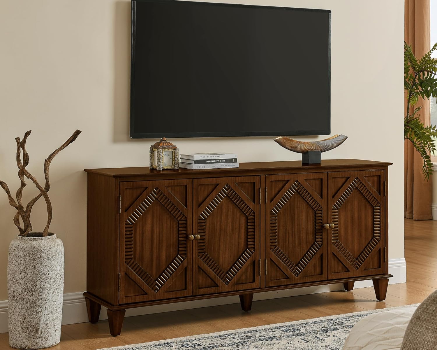 LKTART 65" Mid Century Sideboard Buffet Cabinet with Solid Wood Legs,Accent Storage Cabinet Credenza with 4 Doors for Living Room,Entryway,Kitchen(Walnut)