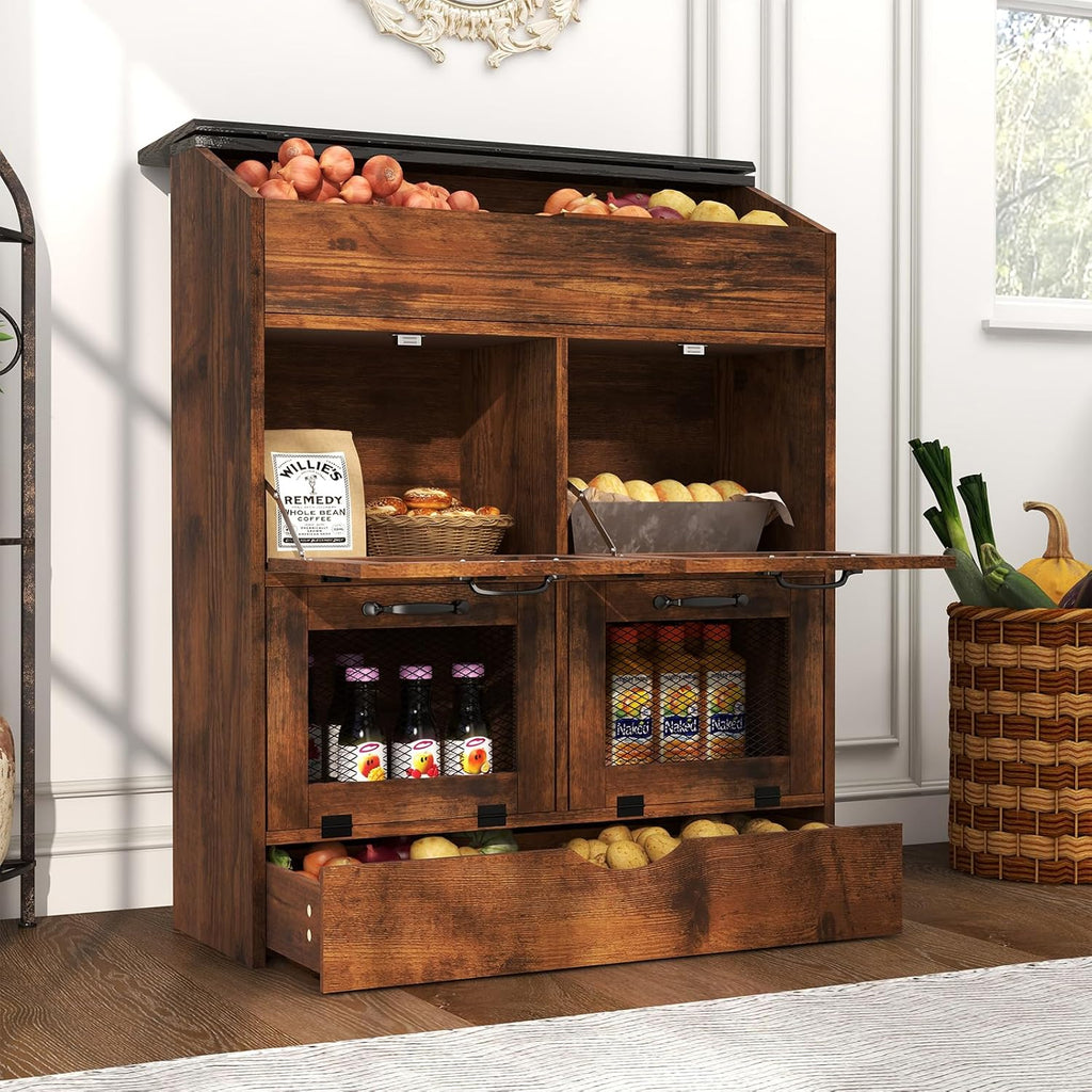 Verano Garden Large Potato Storage Bin, Wooden Bread Box with Lid, Potato and Onion Storage Bin with 4 Mesh Doors & Removable Drawer, Kitchen Fruit and Vegetable Storage Cabinet(Rustic Brown, 31.5")