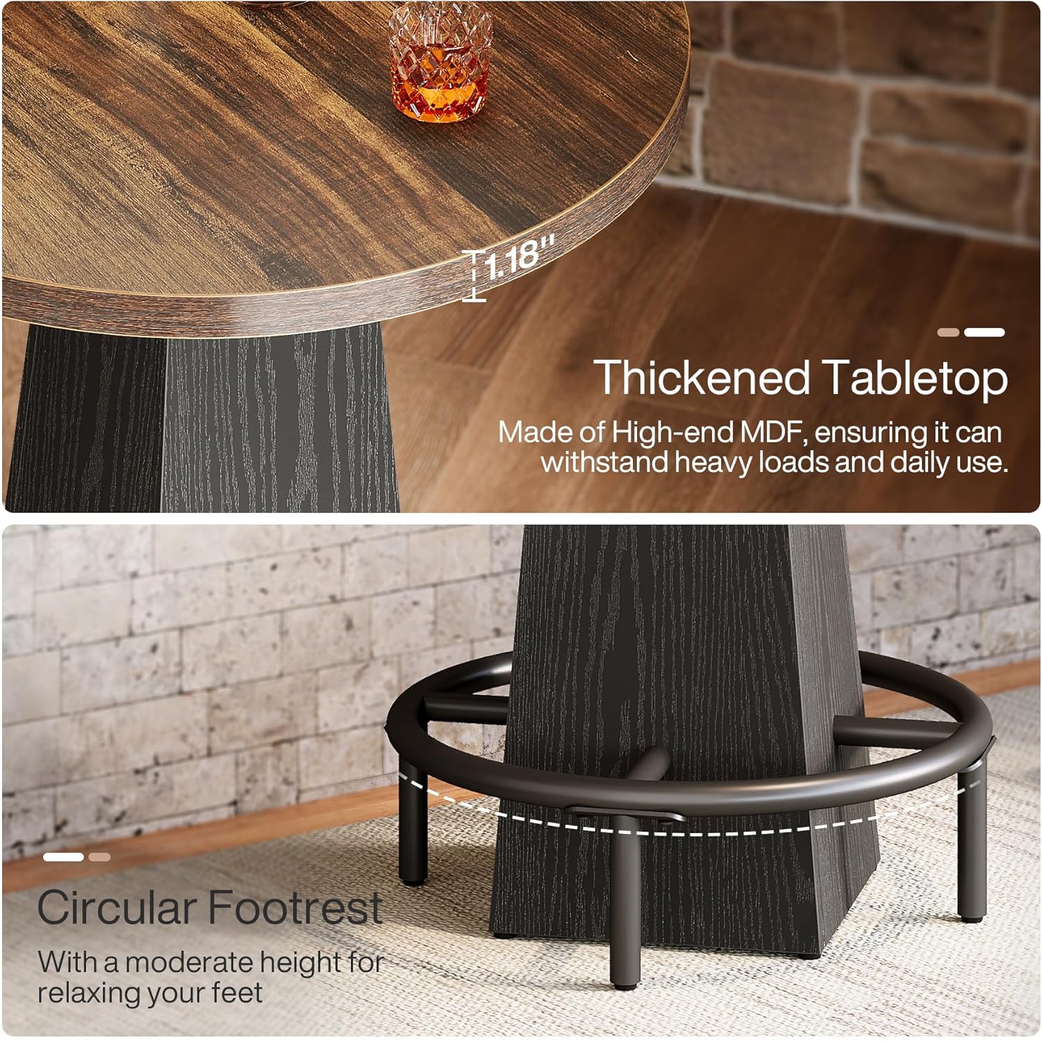 Tribesigns Bar Table, 37.4" High Round Pub Table for Small Bars, Dining Room, Kitchen, Brown and Black (Only Table)