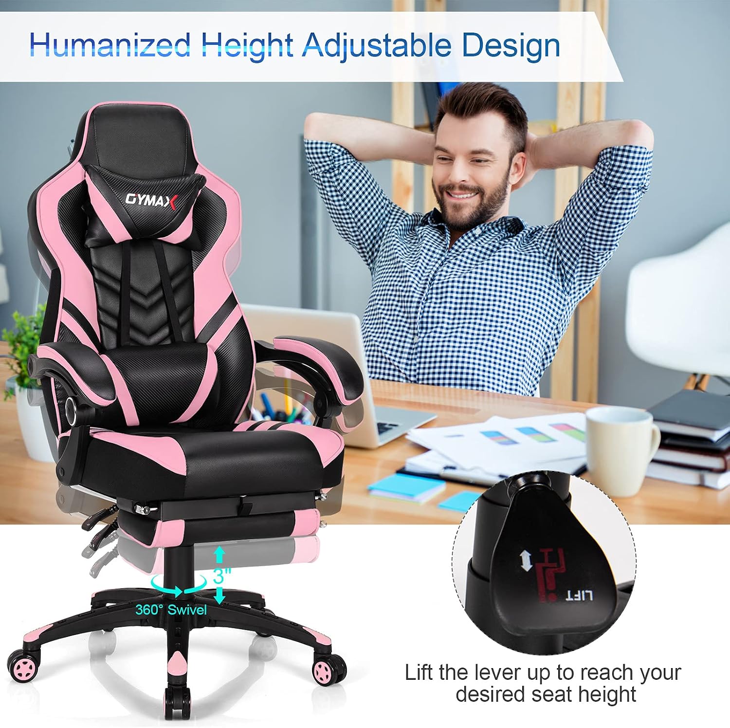 GYMAX Gaming Chair, Ergonomic Computer Chair with Footrest, Linkage Armrests & Lumbar Cushion, Big Wide High Back Video Gaming Chair, Reclining Office Rolling Chair for Adult/Teens (Pink)