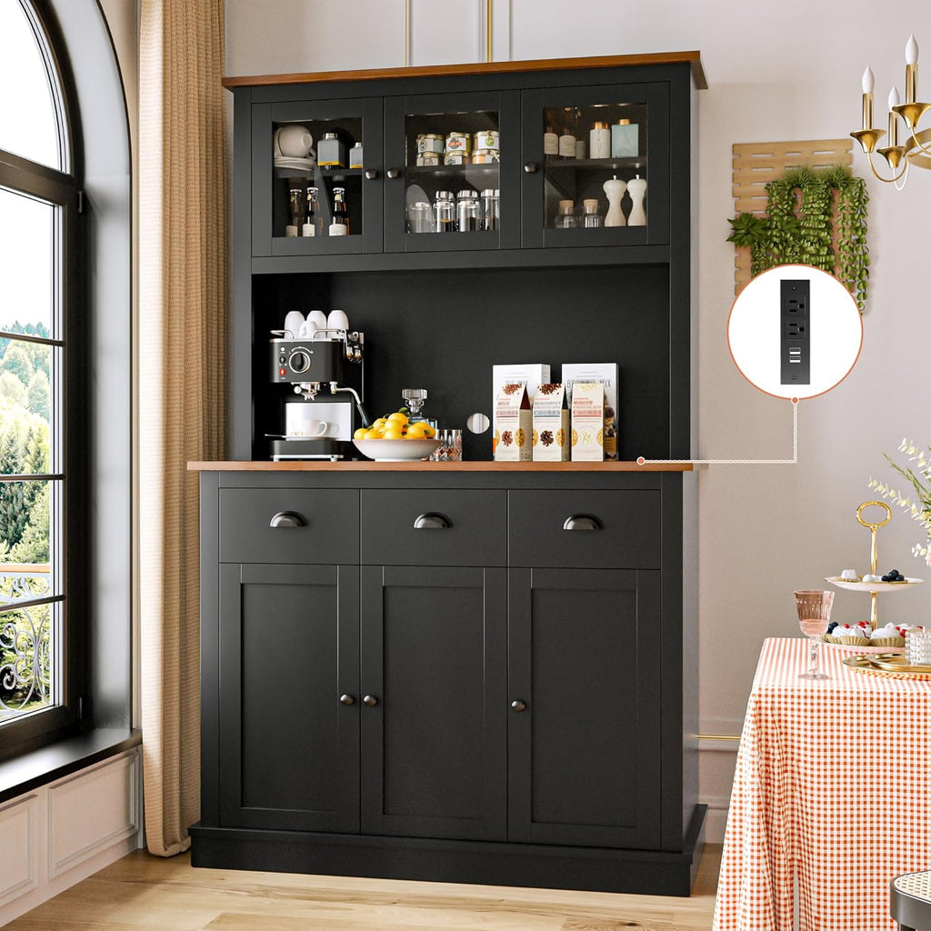 MU 71" Kitchen Pantry Cabinet with Charging Station, Tall Pantry Hutch with Drawers, Countertop & Microwave Shelf, Food Storage Cabinet for Dining Room & Coffee Bar, Black