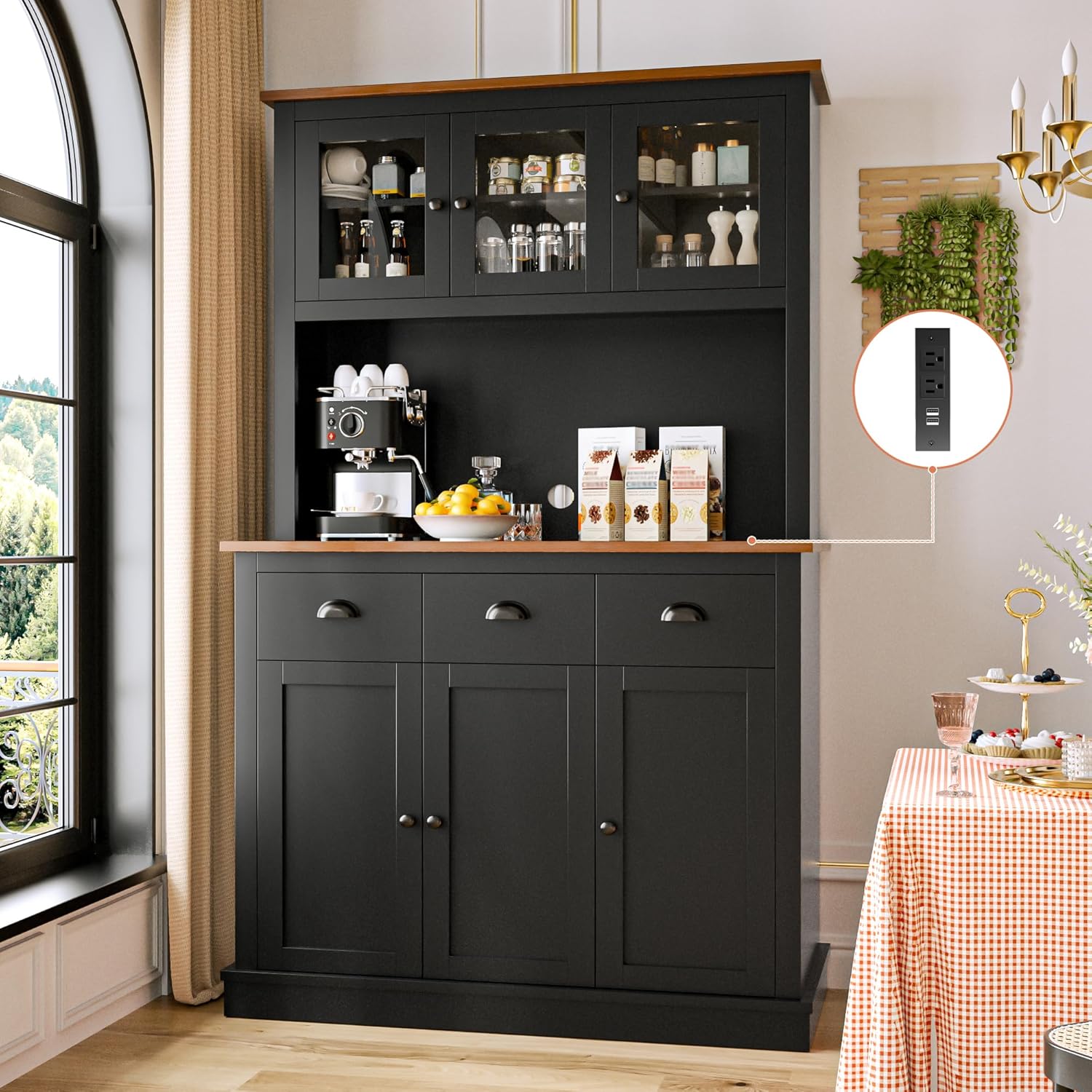 MU 71" Kitchen Pantry Cabinet with Charging Station, Tall Pantry Hutch with Drawers, Countertop & Microwave Shelf, Food Storage Cabinet for Dining Room & Coffee Bar, Black