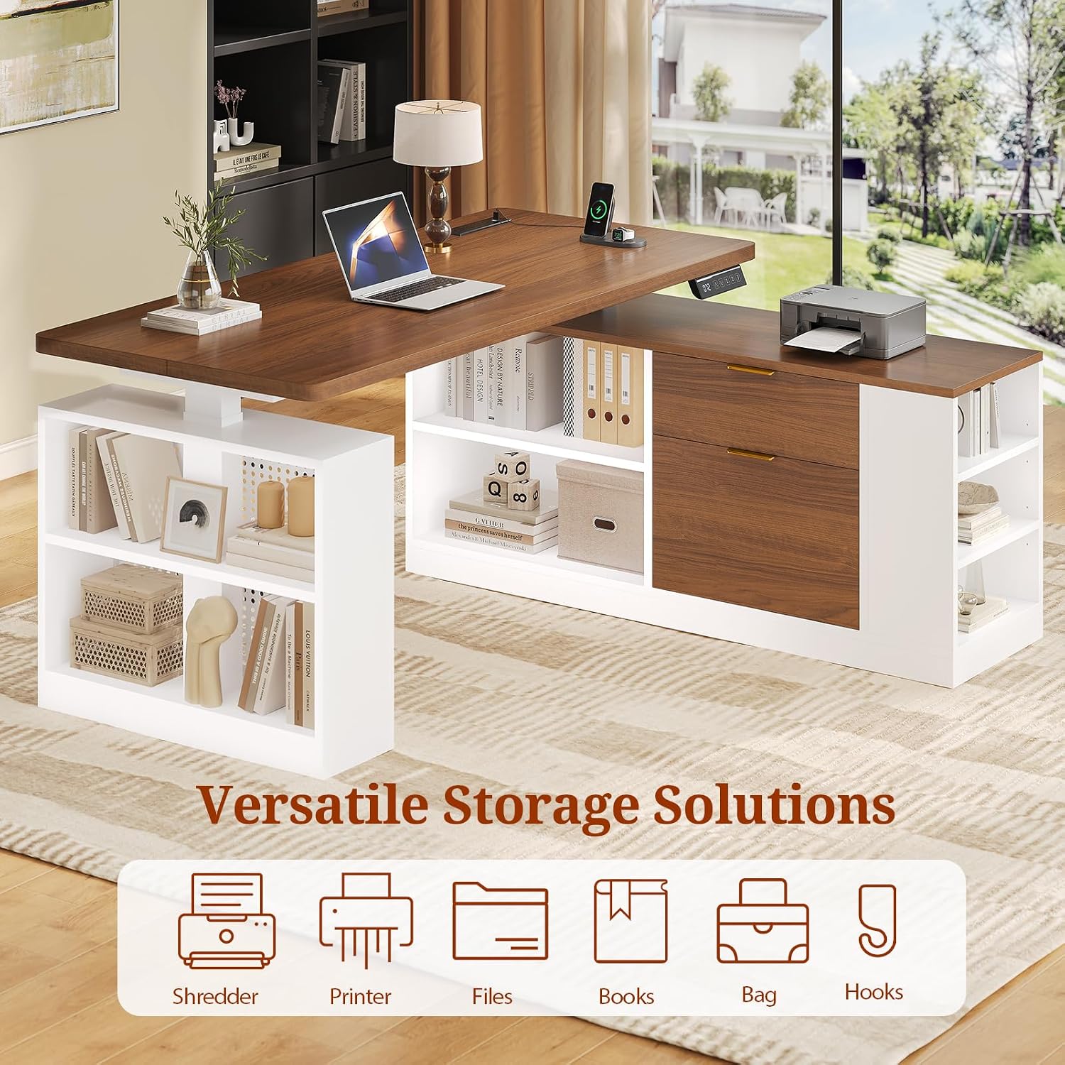 UPOSOJA L Shaped Standing Desk Adjustable Height, 53" Electric Office Desk with File Drawers & Storage Shelves, Sit Stand Corner Computer Desk with Power Outlets, Pegboard, 6 Hooks, White& Walnut