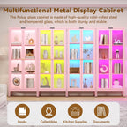 Polup Glass Display Cabinet with Glass Doors, Metal Curio Cabinet with 8-Color LED Lights, 66 Inch Tall Display Case for Collectibles, Pink China Cabinet for Living Room, Assembly Required