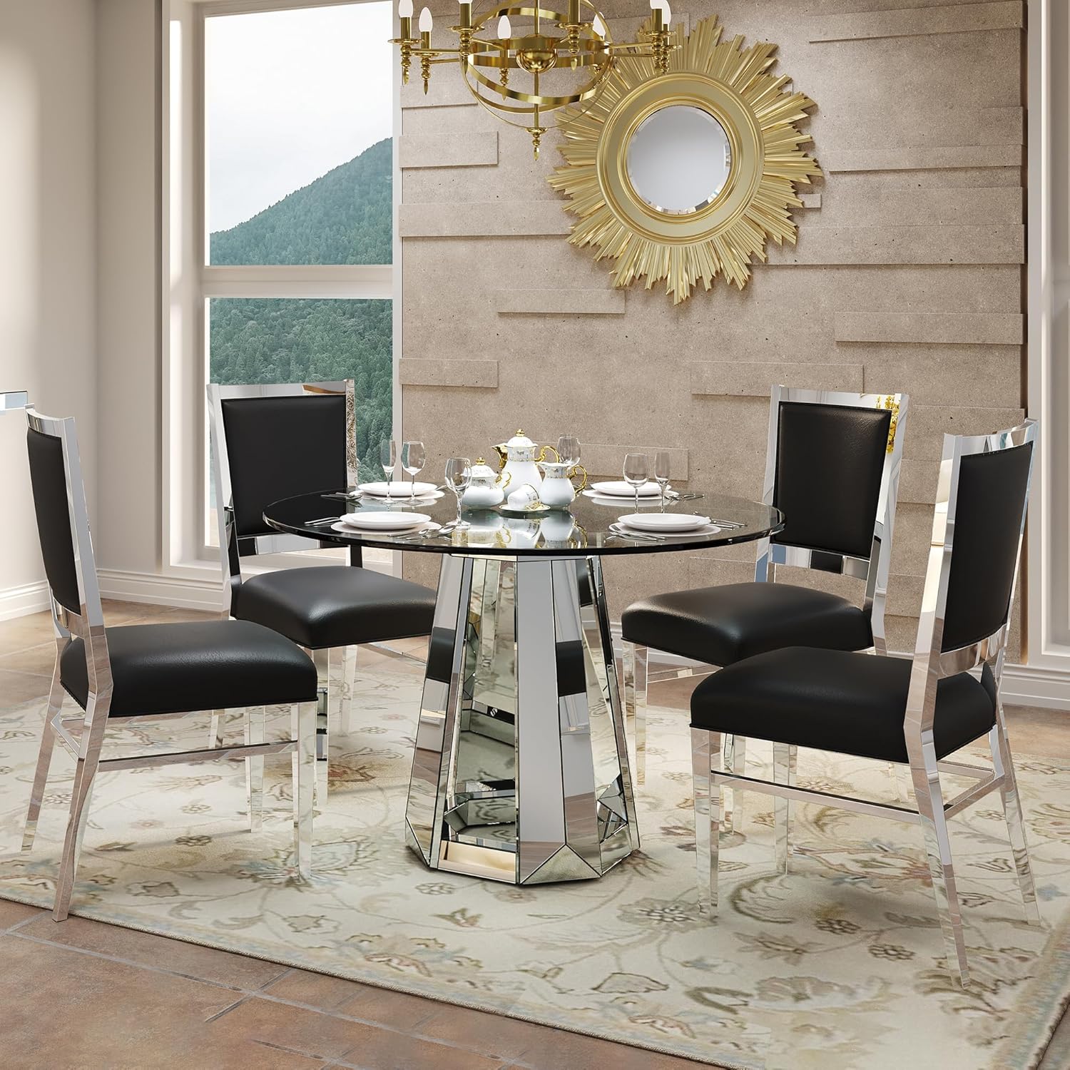 Henf Luxury Round Glass Dining Table for 4-6, Silver 47" Glass Kitchen Table with Mirrored Base, Modern Circle Dining Room Table (Table Only)