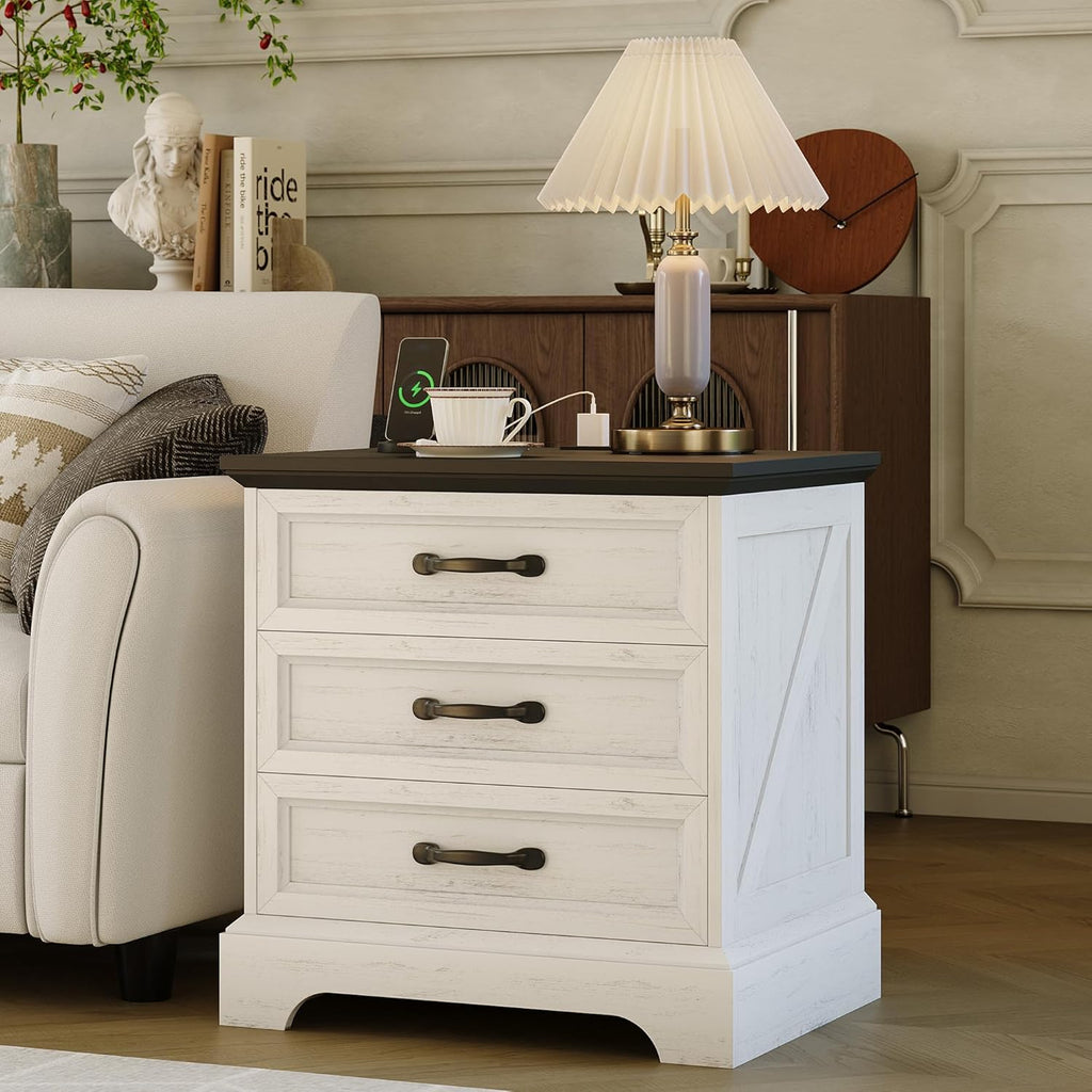 Garvee Modern Farmhouse Nightstand with Charging Station & 3 Large Drawers, Rustic 24.8 Inch Wide End Side Table Retro Wood Big Nightstand Beside Table for Living Room Bedroom, White