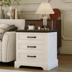 Garvee Modern Farmhouse Nightstand with Charging Station & 3 Large Drawers, Rustic 24.8 Inch Wide End Side Table Retro Wood Big Nightstand Beside Table for Living Room Bedroom, White