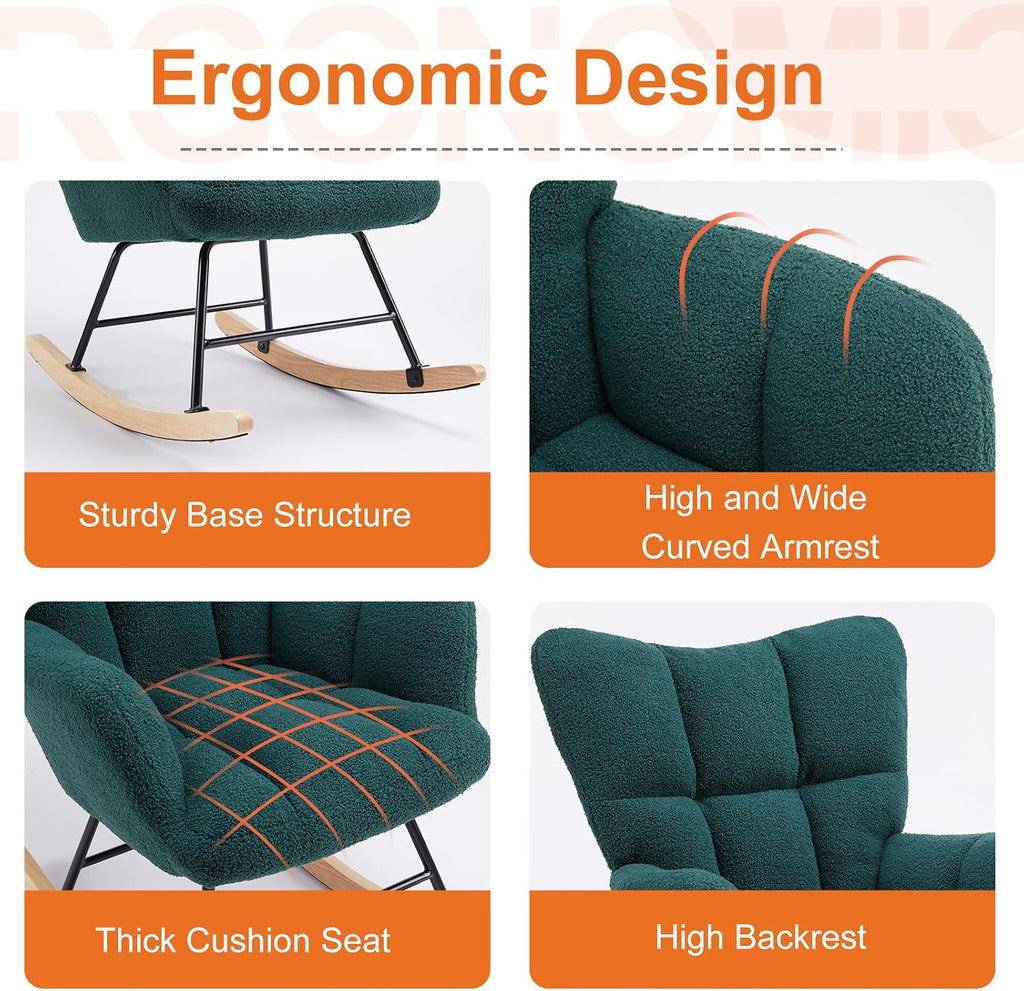 Sweetcrispy Rocking Chair, Teddy Upholstered Glider Rocker with High Backrest, Reading Chair Modern Rocking Accent Chairs Glider Chair for Living Room, Bedroom, Forest Green