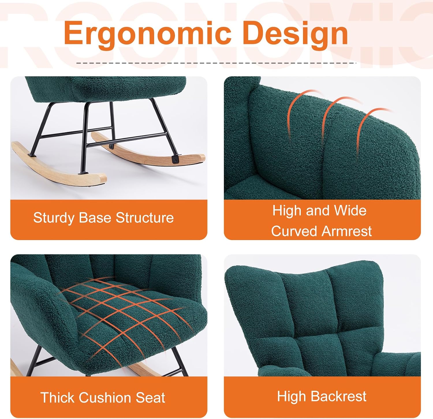 Sweetcrispy Rocking Chair, Teddy Upholstered Glider Rocker with High Backrest, Reading Chair Modern Rocking Accent Chairs Glider Chair for Living Room, Bedroom, Forest Green