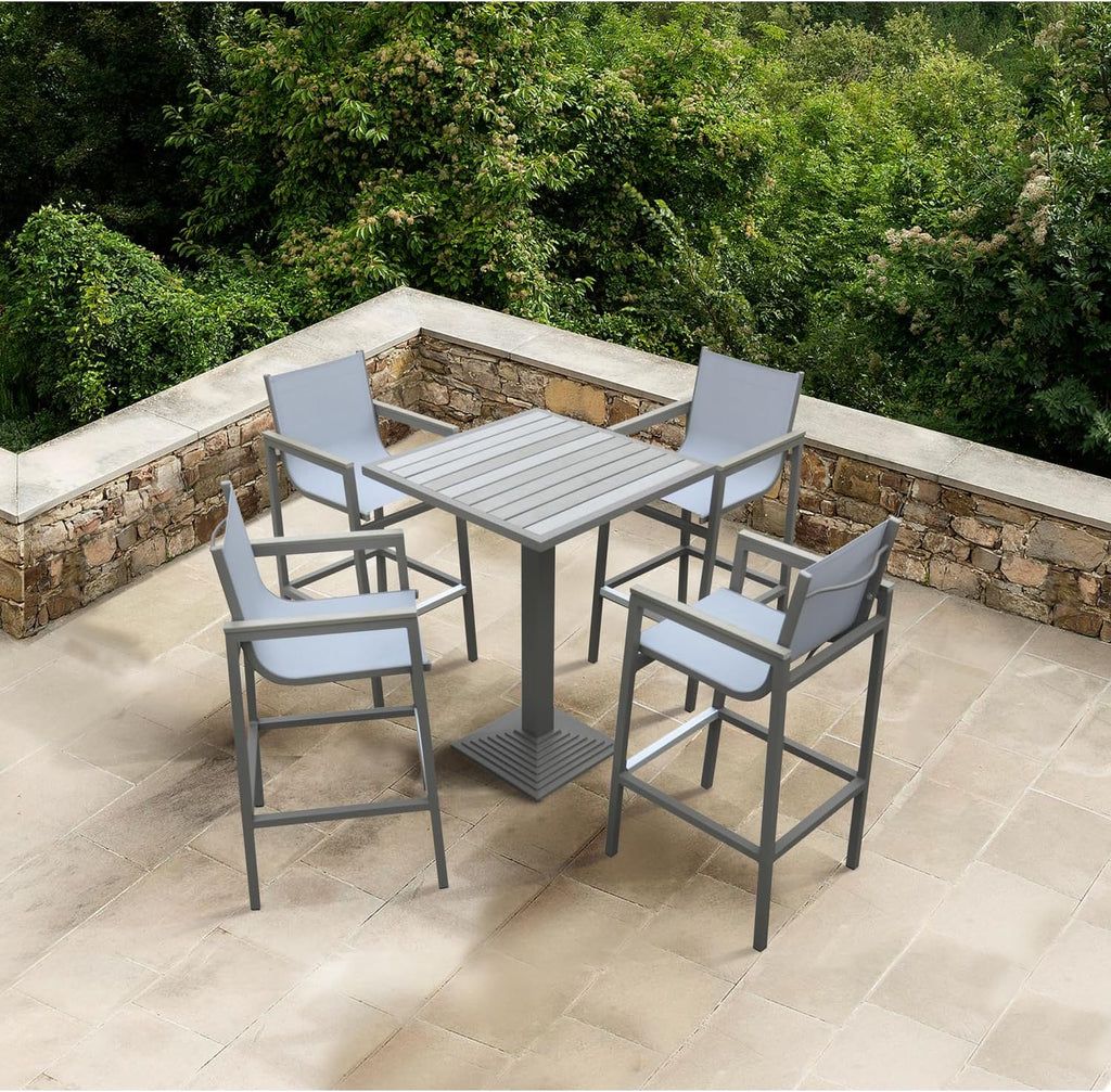 Marina Outdoor Patio in Gray Powder Coated Finish with Sling Textilene and Wood Accent Arms - Aluminium Lightweight Aluminum Frame Arm Accents Porch Weather