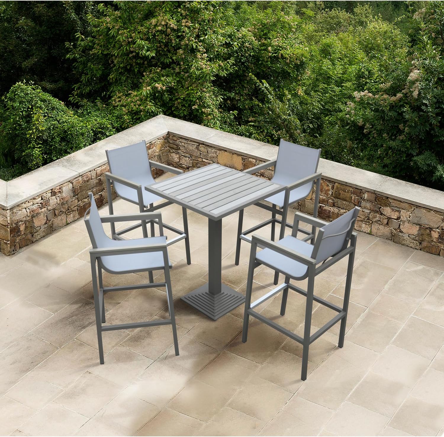 Marina Outdoor Patio in Gray Powder Coated Finish with Sling Textilene and Wood Accent Arms - Aluminium Lightweight Aluminum Frame Arm Accents Porch Weather