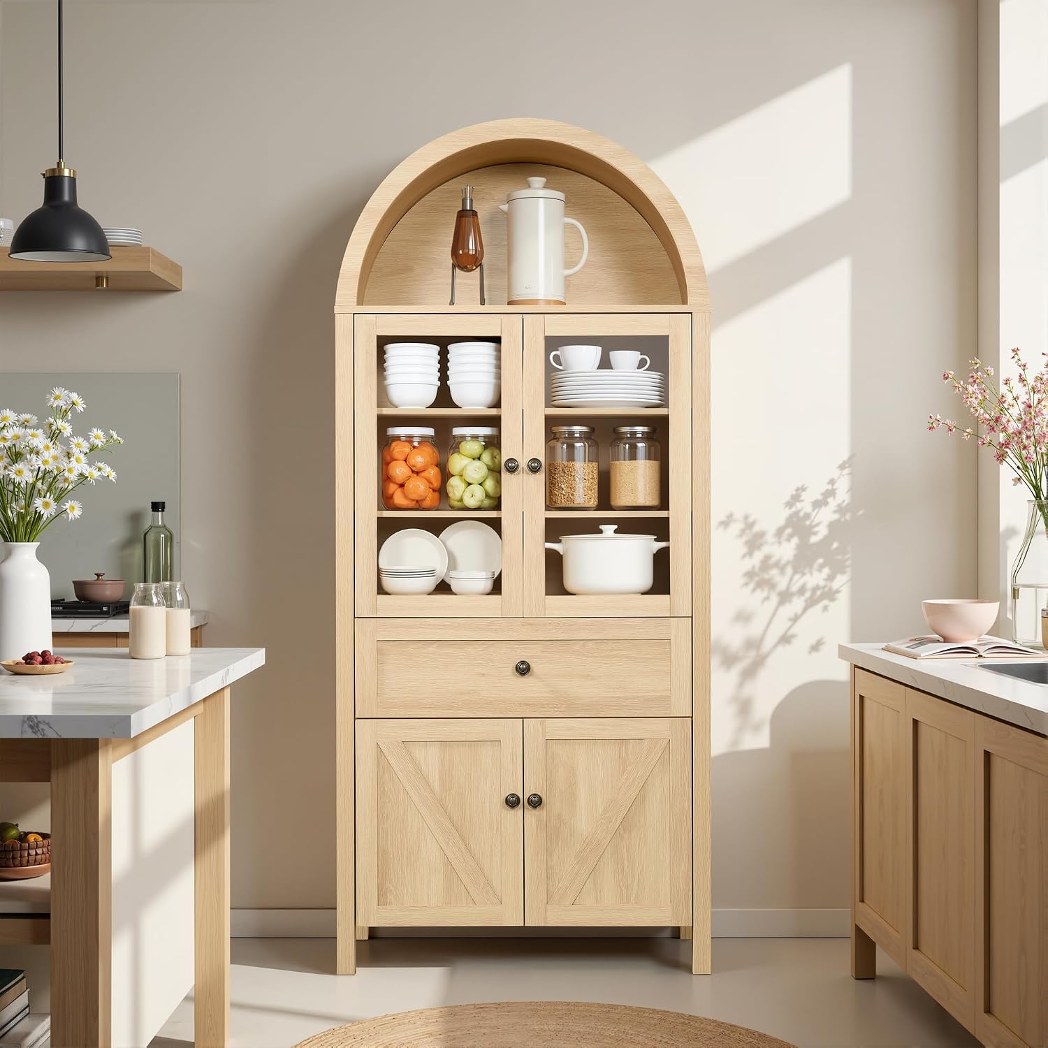 Arched Pantry Cabinet with Doors and Drawers,Farmhouse Kitchen Pantry Storage Cabinet,China Cabinets with Glass Doors,Dining Room Hutch(Natural)