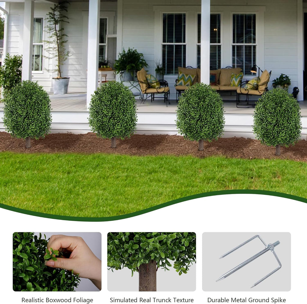 INSPRING 27'' Artificial Boxwood Topiary Trees Outdoor Fake Bushes Plants UV Resistant Evergreen Shrubs with Metal Ground Spike for Porch Patio Garden, 2 Pack
