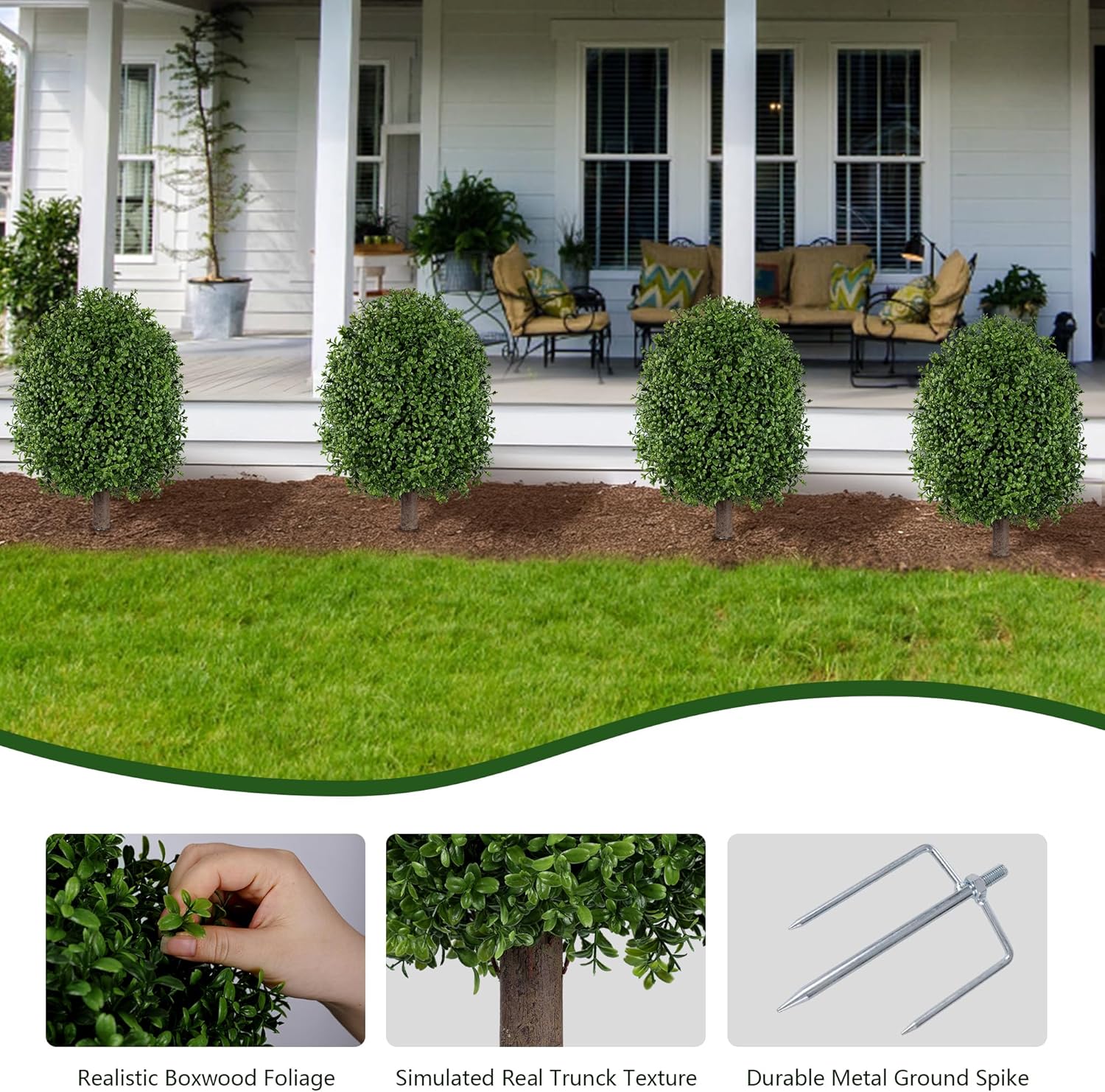 INSPRING 27'' Artificial Boxwood Topiary Trees Outdoor Fake Bushes Plants UV Resistant Evergreen Shrubs with Metal Ground Spike for Porch Patio Garden, 2 Pack