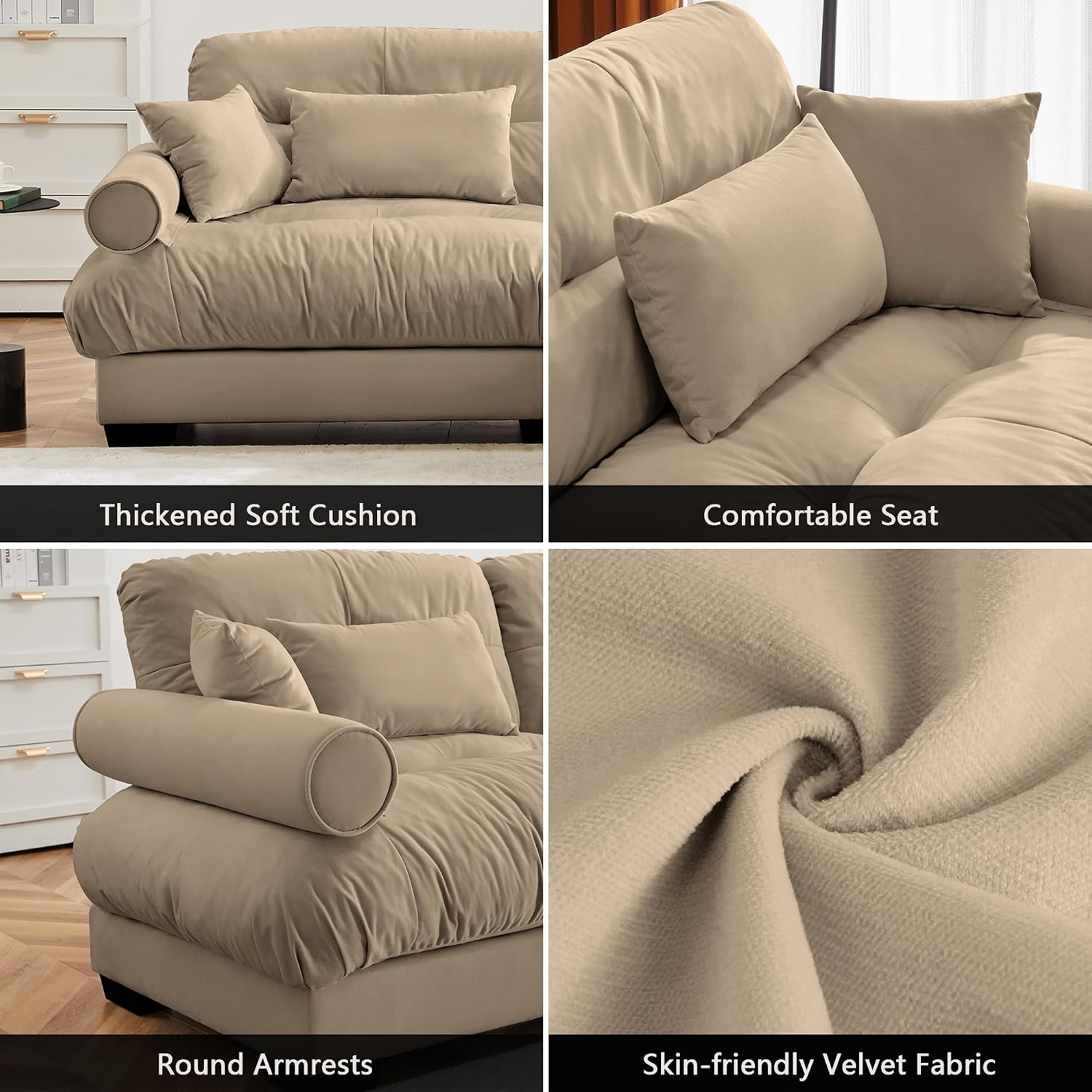 Velvet Upholstered Couches Ottoman for Oversized Modular Sectional Sofas, Camel