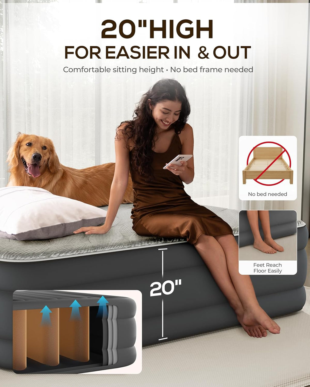 Fast Inflate AirBed, Quiet & Comfortable Blow Up Bed for Home Guests, Camping, Travel, 20” Tall Luxury Air Mattress with Quilted Foam Topper, U-shaped PVC strap for Extra Firm Support, Inflatable Bed