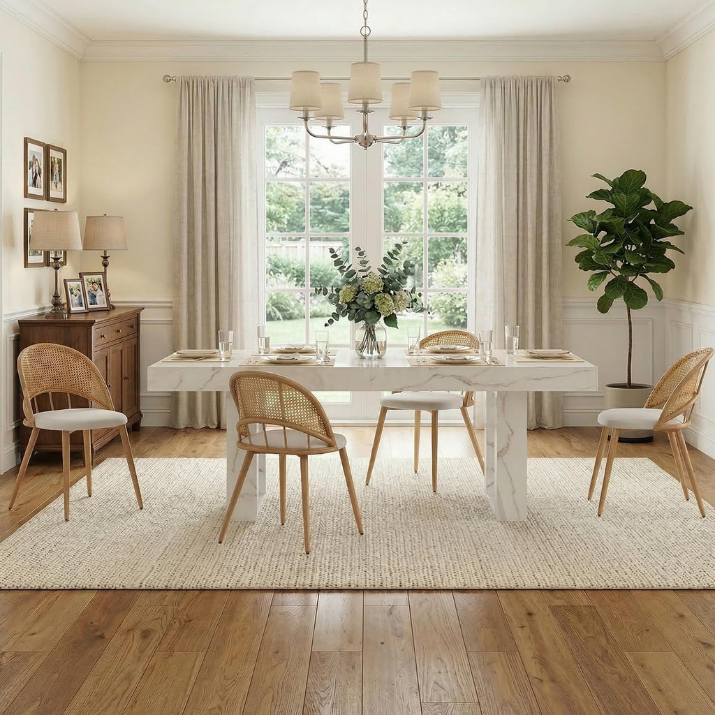 TYBOATLE 71''-87'' Extendable Dining Table Set for 4, Farmhouse Wooden Dining Room Table Set, 5 Piece Dinner Table Set with Upholstered Rattan Dining Chairs (White & White, 71''-87''- 4 Chairs)