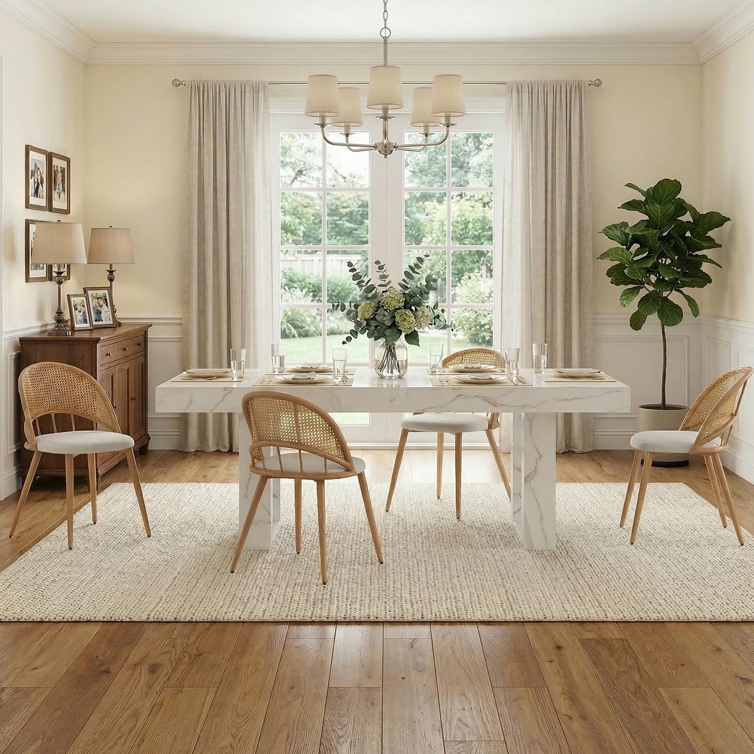 TYBOATLE 71''-87'' Extendable Dining Table Set for 4, Farmhouse Wooden Dining Room Table Set, 5 Piece Dinner Table Set with Upholstered Rattan Dining Chairs (White & White, 71''-87''- 4 Chairs)