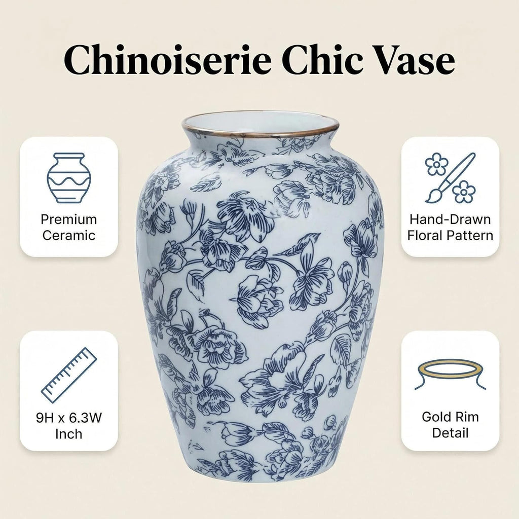 Blue and White Chinoiserie vase - Vintage Ceramic vase with Antique Design, Perfect for Chinoiserie Home Decor 9in Flower vase04