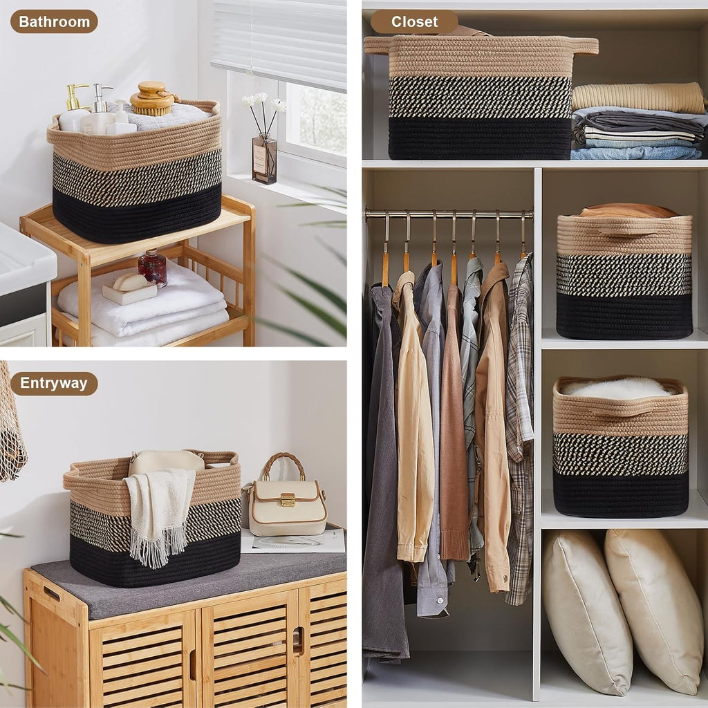 OIASKET Storage Basket for Organizing, Woven Baskets for Storage, Rectangle Decorative Baskets for Shleves, Closet, Toys, Books, Nursery Organizer Bins - Pack of 3 (Black & Brown, 15.75"x11.8"x9.85")