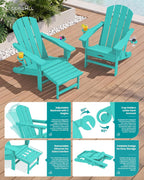 SERWALL Folding Adjustable Adirondack Chairs with Footrest Set of 2, HDPE Outdoor Chair with Dual Cup Holders, All Weather Adirondack Chair with Ottoman, Aruba
