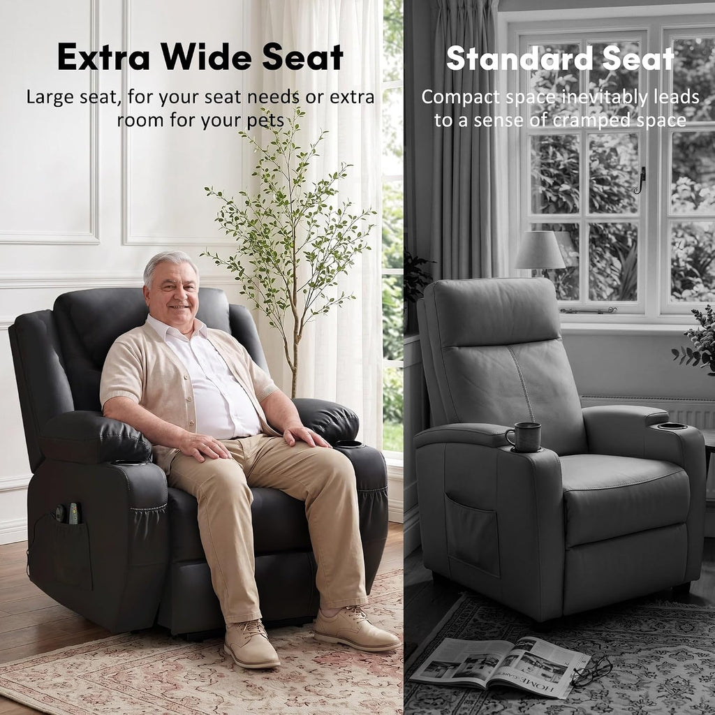 Korser Oversized Power Lift Recliner Chair with Massage and Heat for Elderly, 26" Overstuffed Wide Electric Recliner with 2 Side Pockets, Cup Holders, Lift Chair for Living Room, Faux Leather, Black