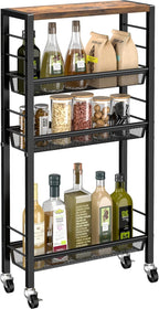 Slim Rolling Cart, 4-Tier Narrow Kitchen Storage Cart, Slim Utility Cart on Wheel, Skinny Bathroom storage cart with Wood Tabletop, 6.0" Deep, For Kitchen, Dining Room, Living Room, Laundry Room