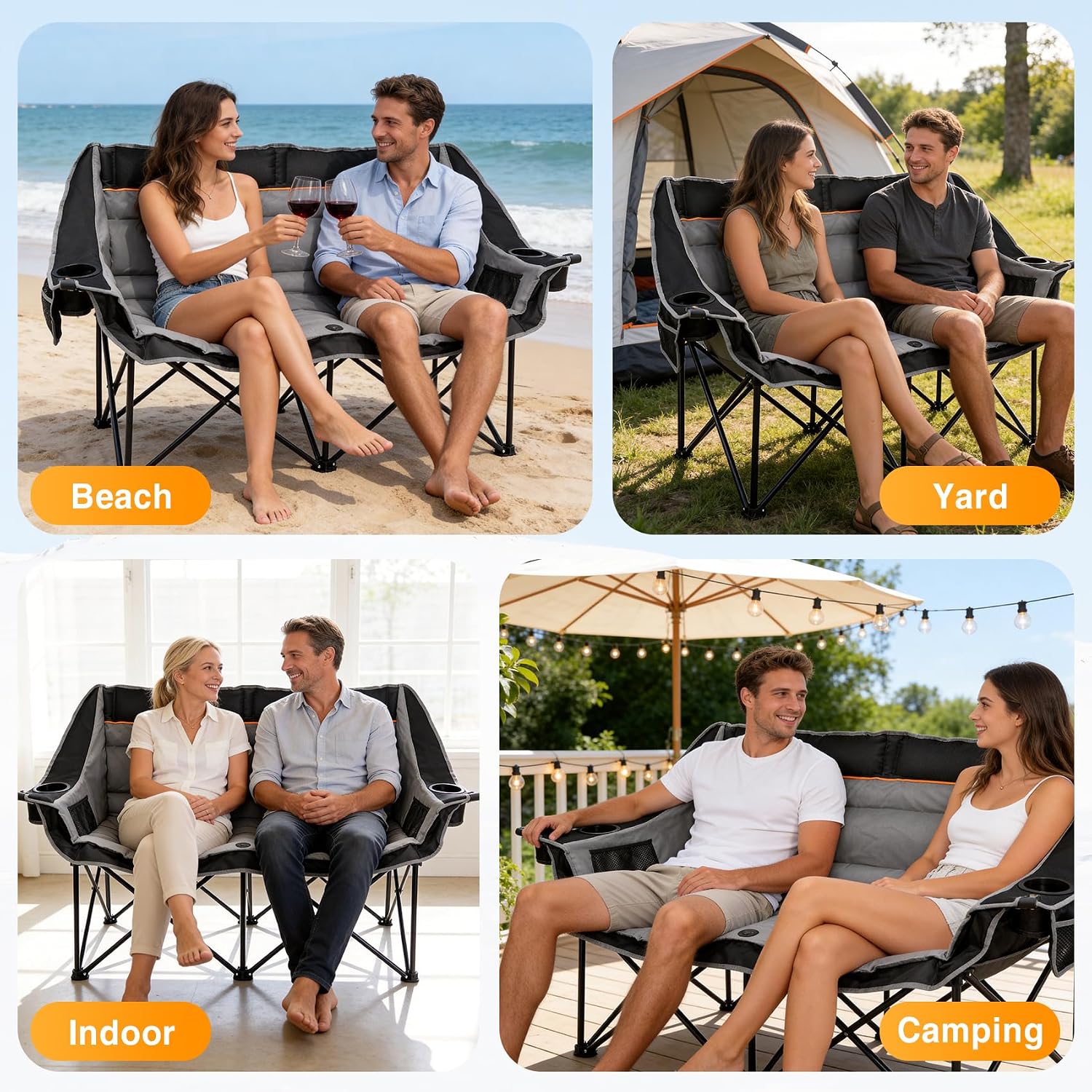 Suteck Double Camping Chair, 660lbs Oversized Camping Couch w/Independent Seats, Folding Camping Loveseat w/2 Cup & Wine Glass Holders, 1200D Oxford, Side Pocket & Carry Bag, for Camping, Lawn, Patio