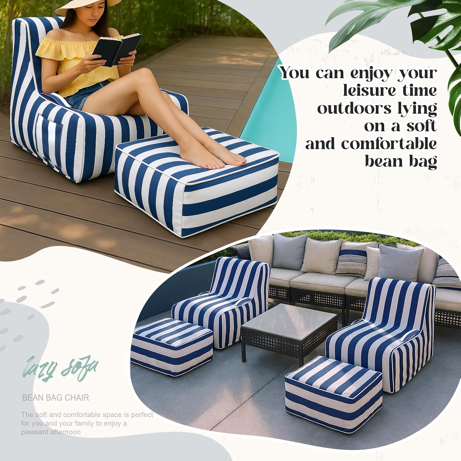 Gemscream Outdoor Inflatable Bean Bag Chair and Ottoman, Portable Inflatable Bean Bag and Ottoman with Handle for Patio Garden Home Boho Decorative Living Room(Blue and White Stripes)