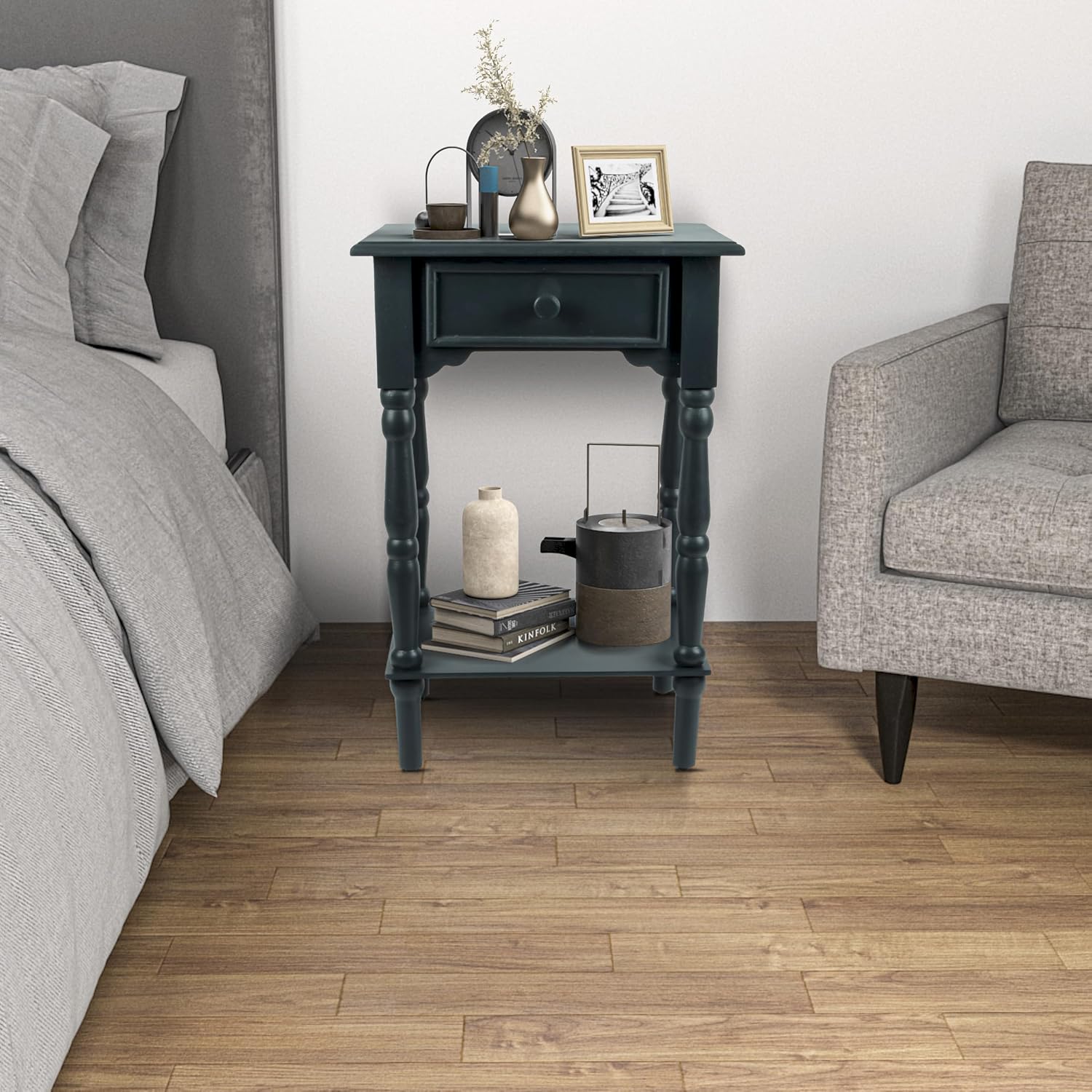 Decor Therapy Jane Nightstand Side Table with a Drawer, Shelf, Traditional Design, Navy 17" D x 14" W x 26" H