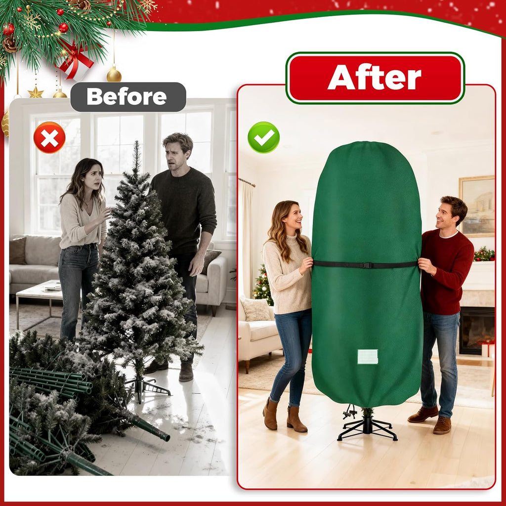 Christmas Tree Cover - 420D Waterproof Oxford Cloth Storage Bag for 4-6 FT Christmas Trees, Metal Zipper & Adjustable Straps (66" H x 50" W)