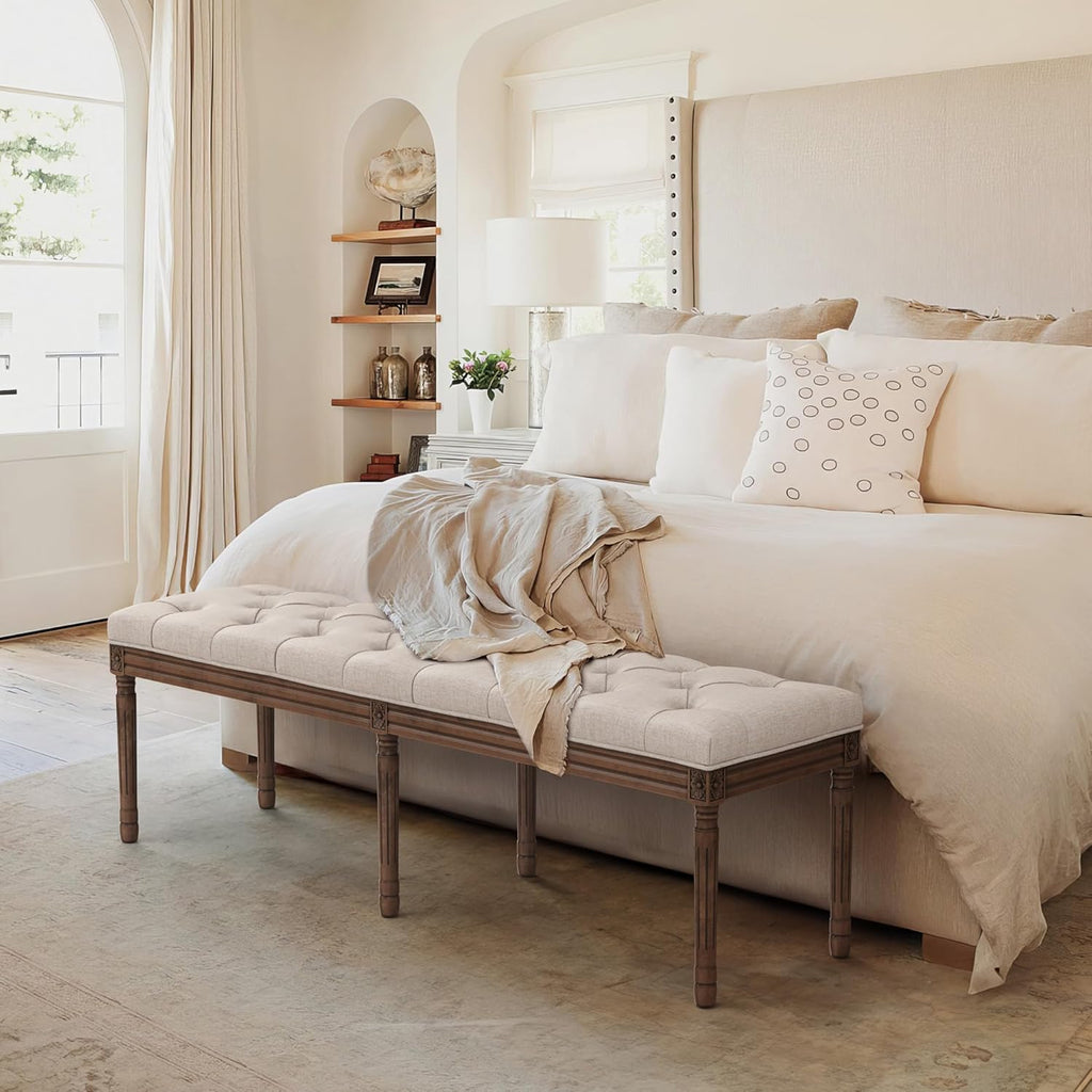 LUE BONA 60" Fabric End of Bed Bench, Upholstered Tufted French Bedroom Bench with Carved Dark Brown Legs for Bedroom End of King Size Bed, Living Room, Linen