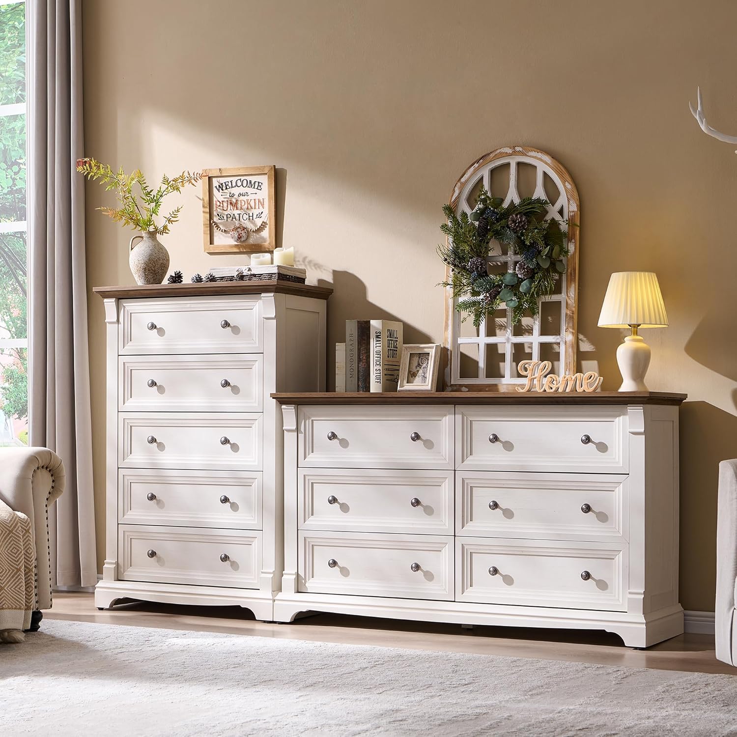 6 Drawers Dresser for Bedroom 54" Wide Wood Nursery Dressers w/Roman Column | Large Dressers & Chests of Drawers, Wooden Dresser TV Stand for Nursery Bedroom Living Room Hallway, Antique White