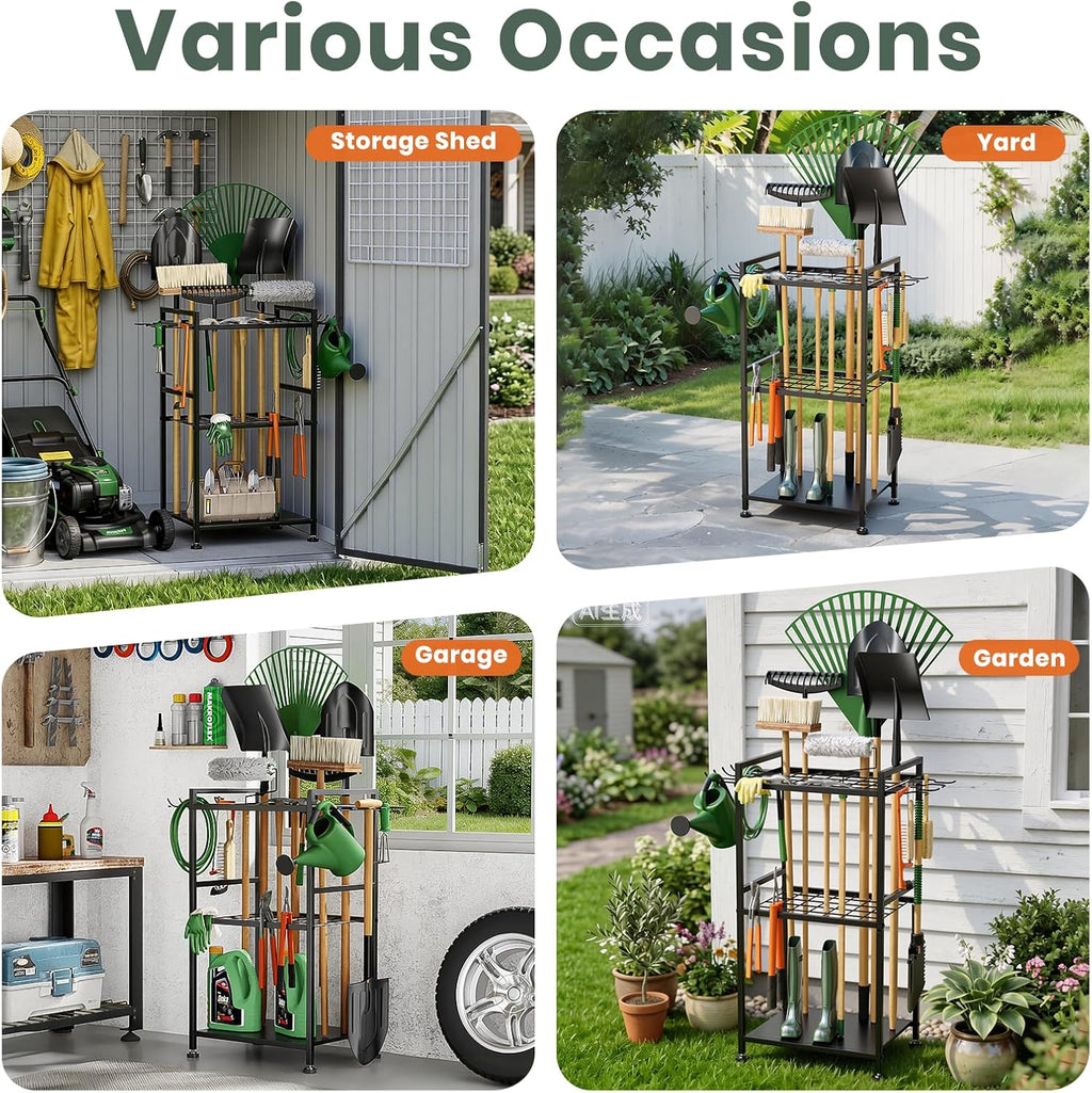 SPACECARE Garden Tool Organizer with Feet, Yard Tower Rack for Garage Organization and Storage, Up to 35 Long-Handled Tools/Rakes/Brooms, Heavy Duty Steel Garden Tool Stand for Shed, Outdoor, Black
