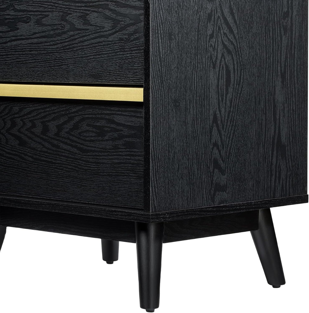 SANGO Cortland 2-Drawer Nightstand, Modern Black Wood Bedside Table with Brass Handle, Wooden Legs, Sleek Mid-Century Design, Elegant Storage for Contemporary Homes
