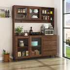 LUMISOL 63" Tall Walnut Rustic Modern Kitchen Hutch Cabinet Organizer, 4 Doors & 4 Drawers, 62.99"L x 15.75"W x 74.8"H, Kitchen Cabinet