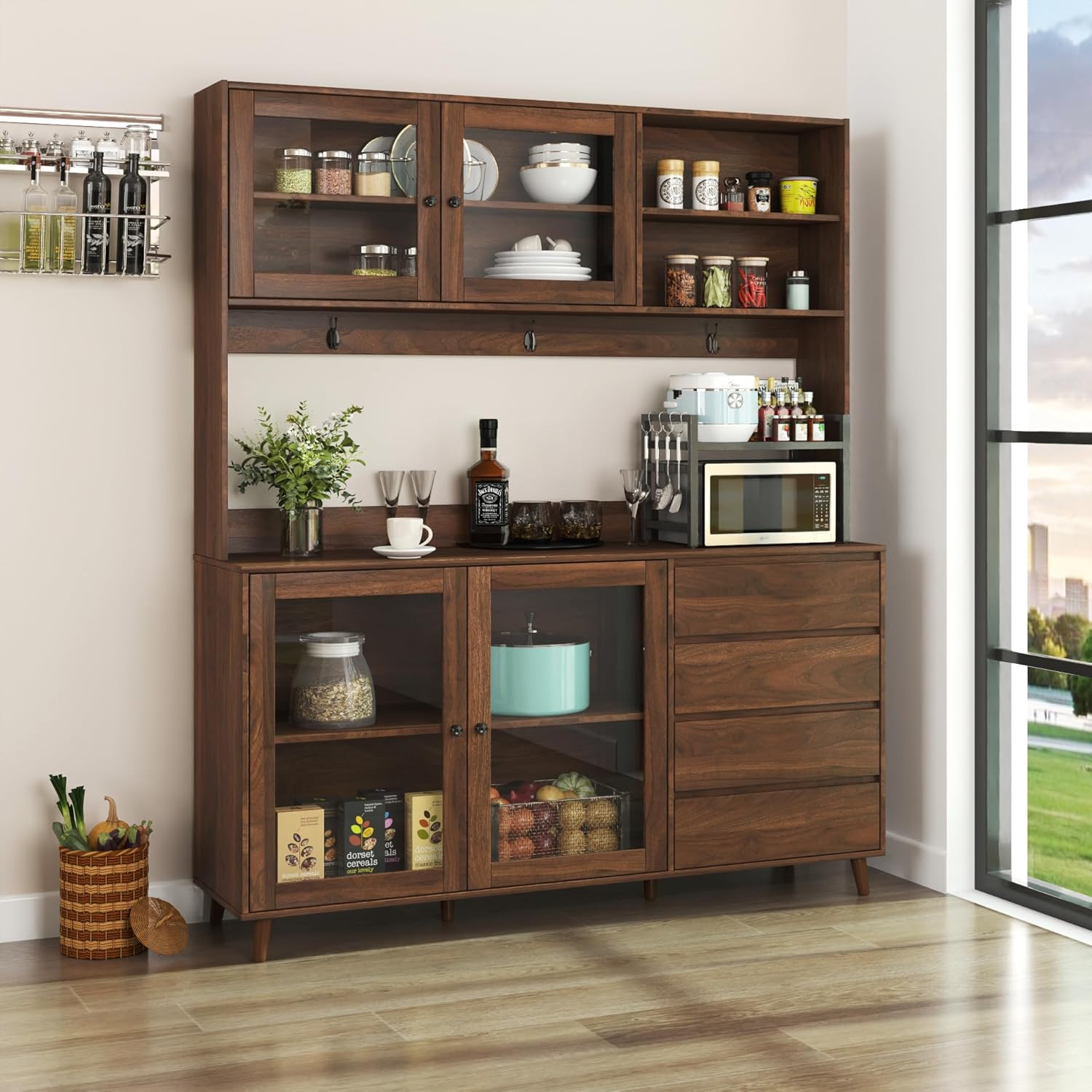 63" W Large Kitchen Hutch Cabinet, Freestanding Pantry Cabinets Storage Kitchen Cupboard with 4 Doors, 4 Drawers & Microwave Shelf, Walnut,15.75 * 62.99 * 74.8