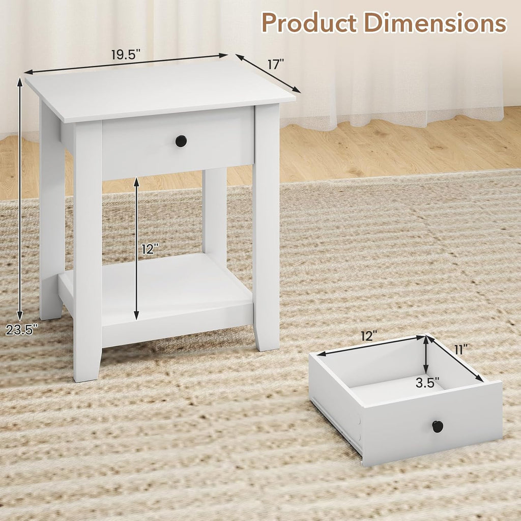 Giantex Nightstands with Drawer Set of 2, 2-Tier Bedside Table with Storage Open Shelf, Wooden Accent End Table for Small Spaces, Modern Night Stand for Bedroom Dorm Living Room, White