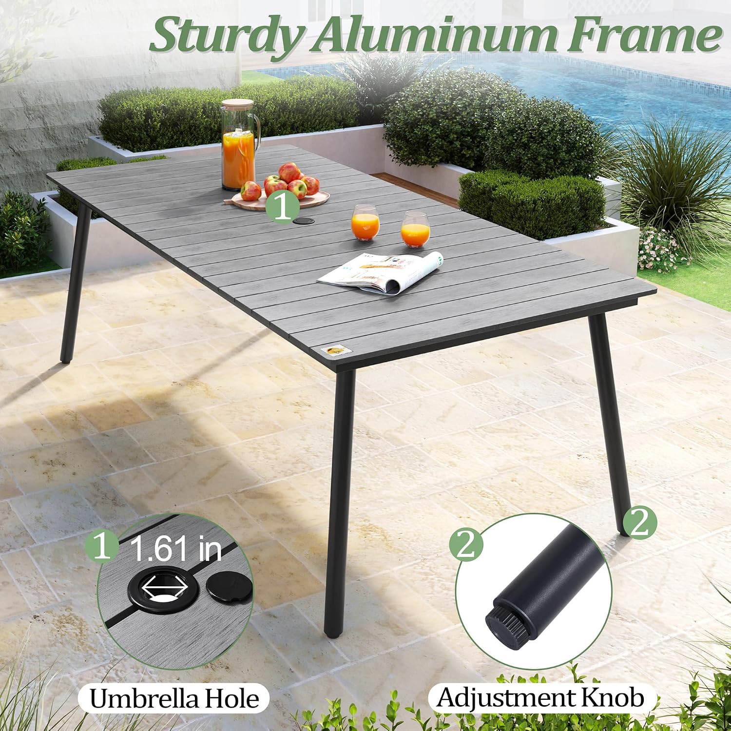 83" Patio Outdoor Dining Table for 6-8, Weather-Resistant Aluminum Frame with Wood-Grain Top & Umbrella Hole for Deck Gatherings, Grey