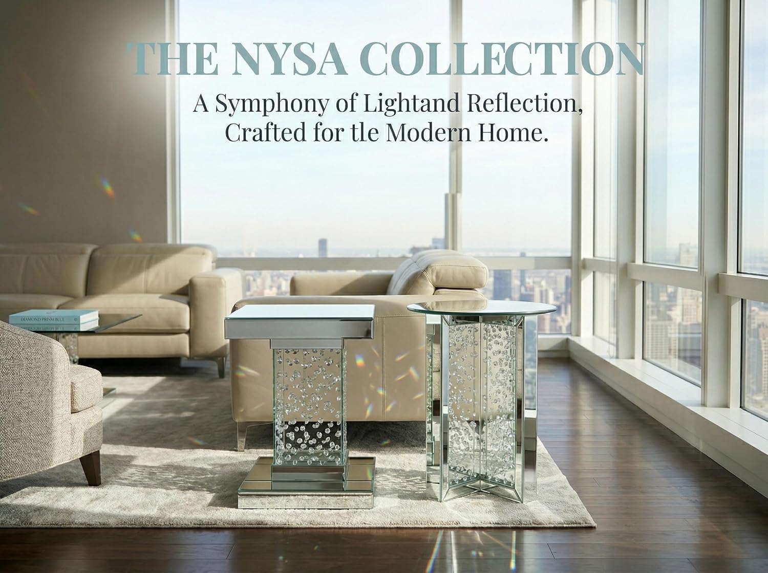 Nysa Modern 21" Round Mirrored End Table with Faux Crystal Inlay, Glam X-Shape Pedestal Side Table, Tempered Glass Top Nightstand for Bedroom, Fully Assembled Accent Table for Living Room