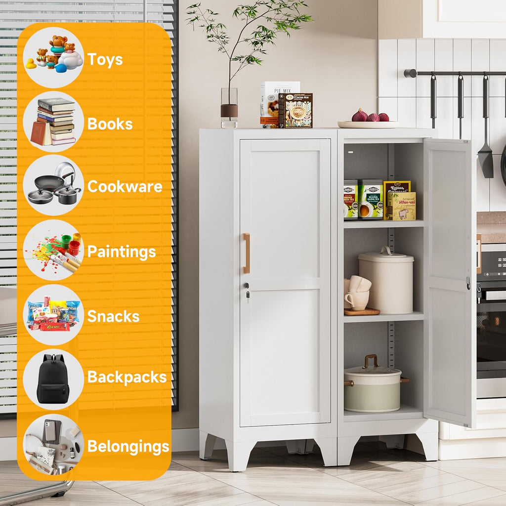 46"H White Metal Locker with 1 Lockable Door and 2 Adjustable Shelves For Employees,3 Tier Small Storage Cabinet with Detachable Legs and Vintage Handle for Kitchen, Office,School,Gym,Easy Assembly