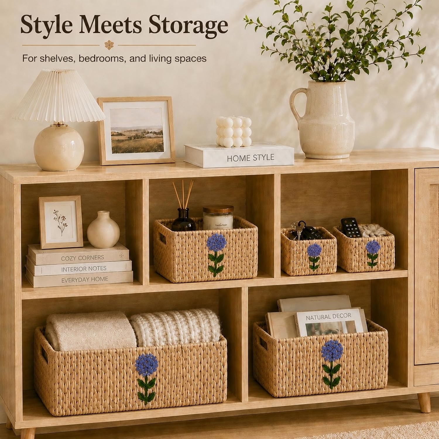 Set of 5 Storage Baskets for Organizing, Water Hyacinth Baskets for Shelves, Organizer Basket with Handles, Decorative Storage Basket for Closet, Pantry Organizers